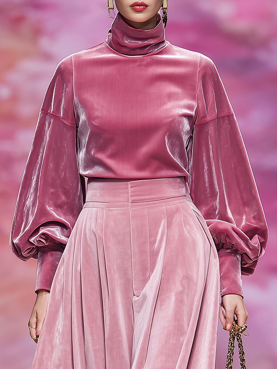 Ensemble Chic : T-shirt en Velours à Col Montant et Jupe à Manches Longues