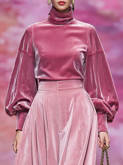 Ensemble Chic : T-shirt en Velours à Col Montant et Jupe à Manches Longues