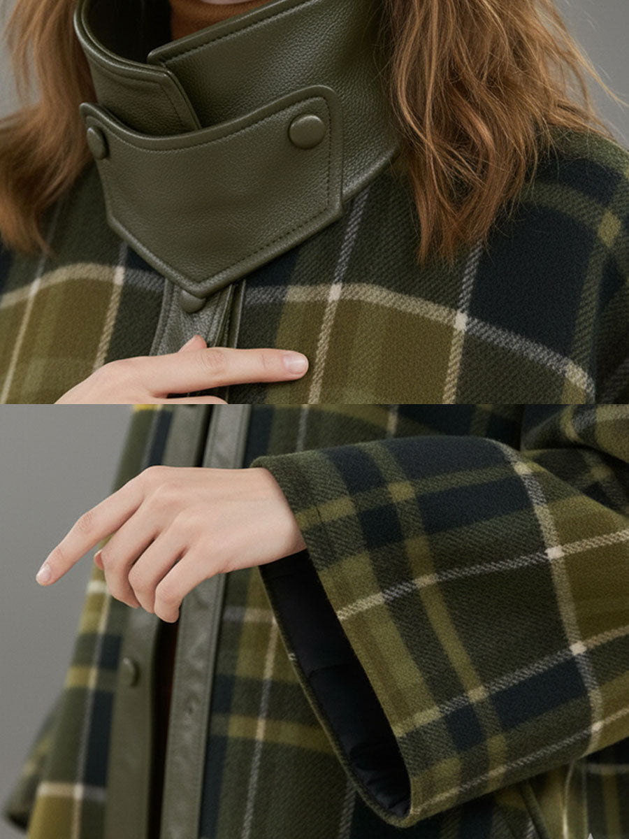 Longue Manteau en Laine à Carreaux Verts avec Bordure Rétro en PU