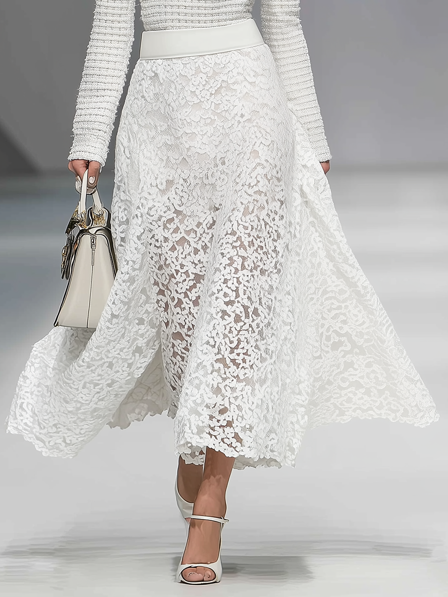 Ensemble Chic : Haut à Manches Longues avec Col Montant et Jupe Évasée en Dentelle