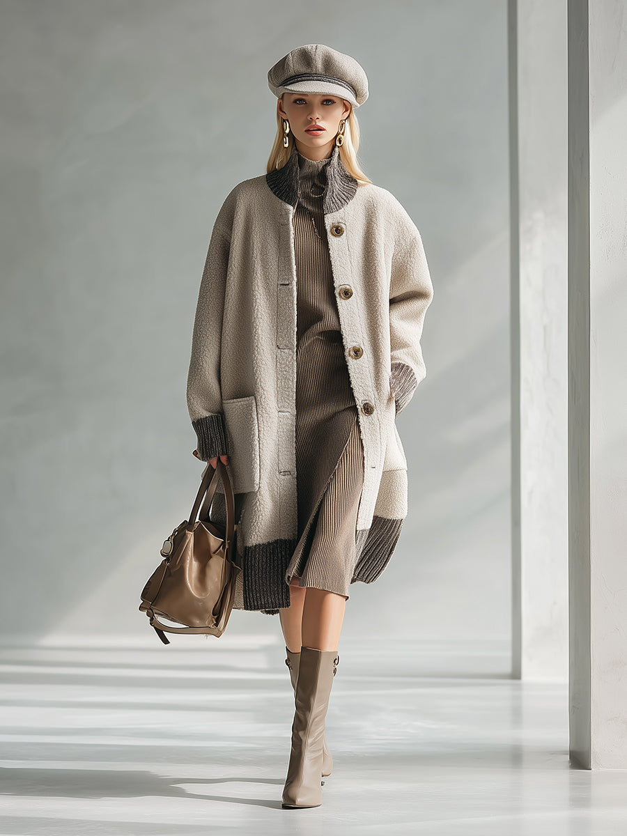 Veste Polaire Beige au Bord Contrasté - Style Rétro Décontracté