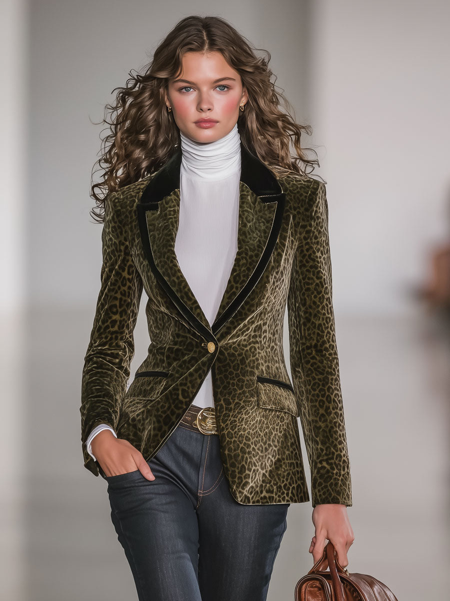 Veste en Velours Léopard Rétro avec Détails Contrastants