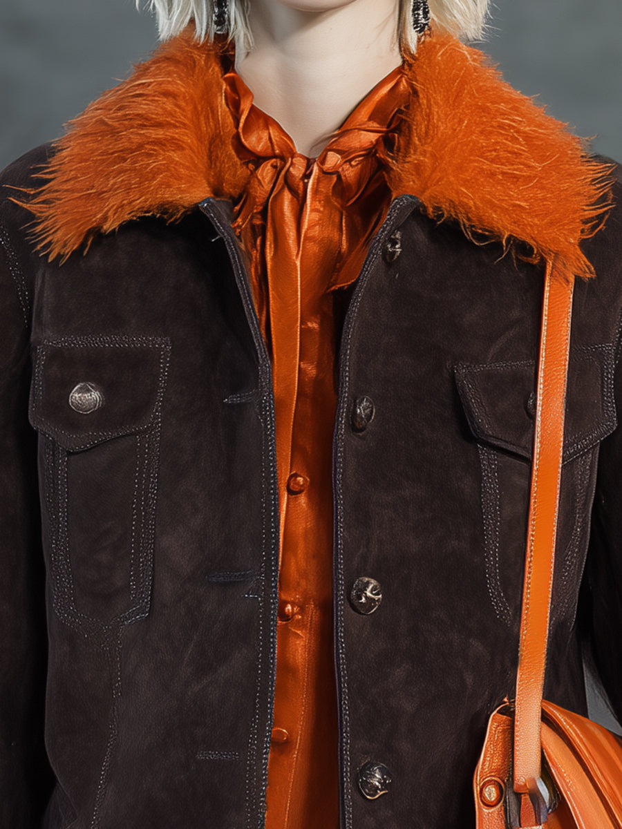 Veste en Suède Marron avec Col en Fourrure Synthétique Orange - Élégance et Style Haut de Gamme