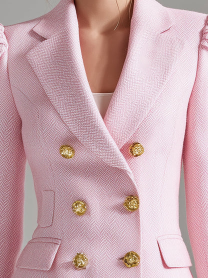 Veste en Laine Rose à Double Boutonnage et Manches Bouffantes