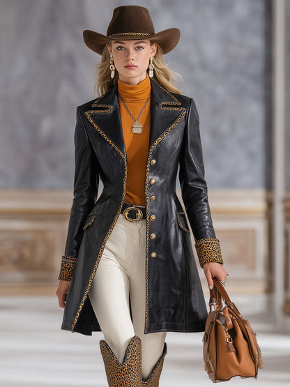 Veste en simili cuir à motif léopard avec col revers