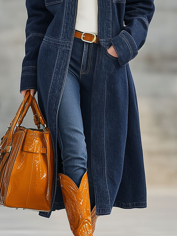 Veste en Denim Bleu Marine à Demi-Zip - Style Décontracté Rétro