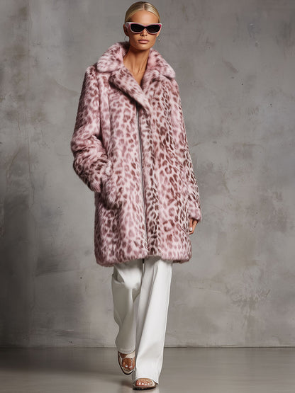 Veste en fausse fourrure léopard rose avec poches zippées - Style rétro décontracté