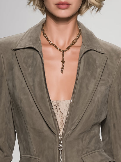 Élégante Veste Zippée Grise avec Col Volant Vintage