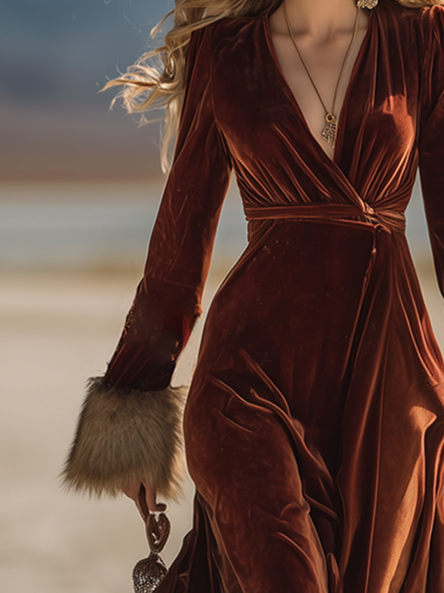 Robe Maxi Vintage Western en Velours Caramel avec Épaules en Fausse Fourrure et Manches Longues