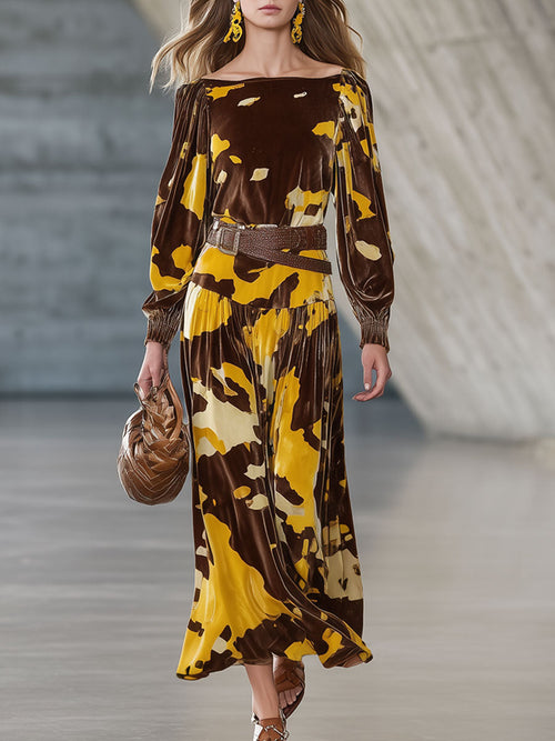 Robe Midi Velours Marron à Motif Vache Rétro avec Manches Longues