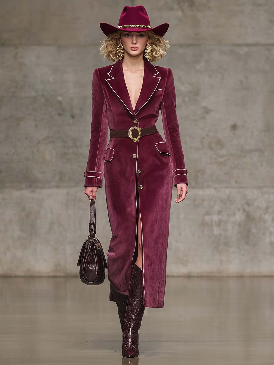 Veste Vintage Western en Velours Rouge Framboise avec Revers Notch et Détails Blancs