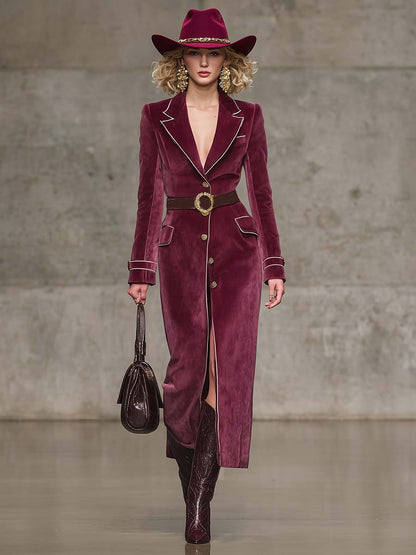 Veste Vintage Western en Velours Rouge Framboise avec Revers Notch et Détails Blancs