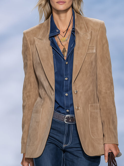 Veste Décontractée en Suédine Kaki au Style Vintage