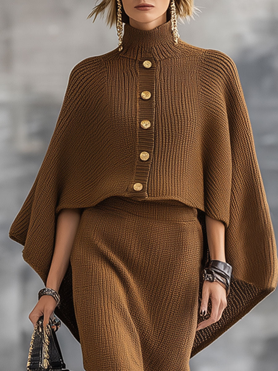 Ensemble Décontracté en Tricot Marron à Motif Rétro