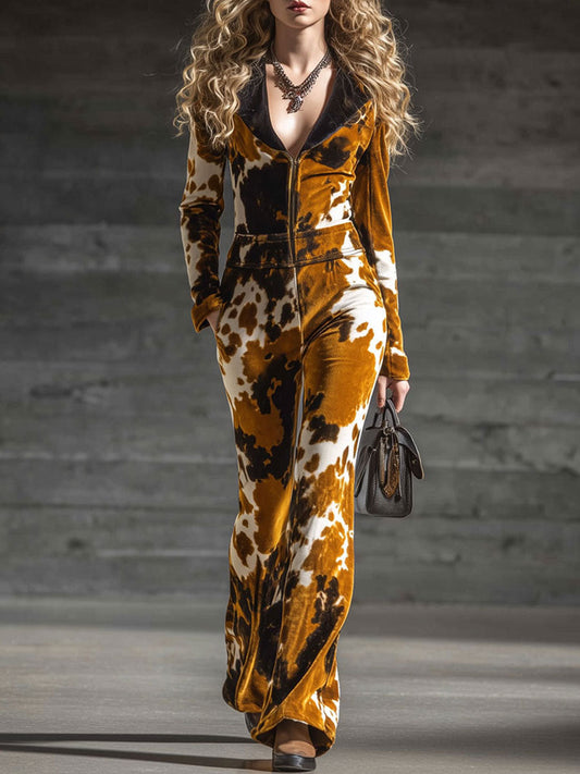 Combinaison Évasée en Velours à Motif Vache - Élégance Rétro à Manches Longues avec Zip