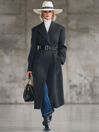 Longue Manteau en Laine Gris Foncé avec Détails Rétro à Lacets