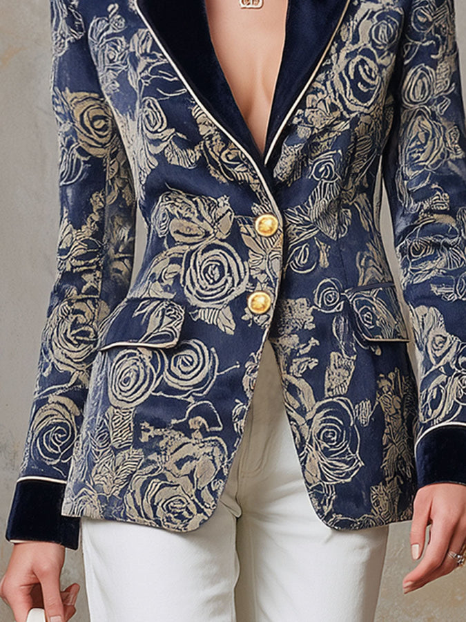 Veste en velours rétro à motifs roses avec coutures contrastées