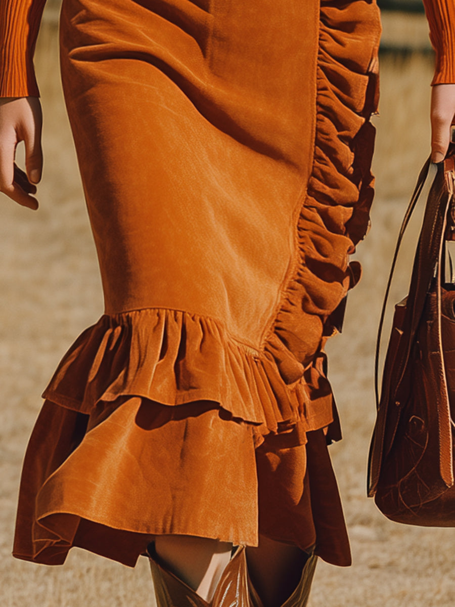 Jupe Orange en Suédine avec Volants – Style Western Rétro Chic