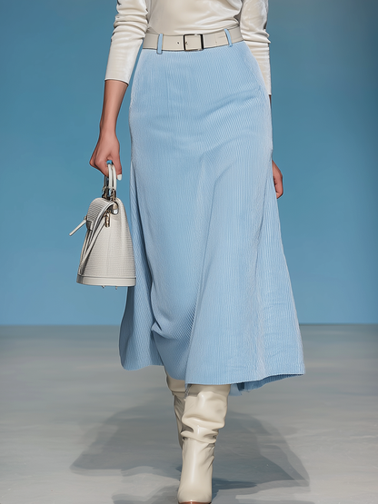 Ensemble T-shirt Velours à Col Rond et Jupe Côtelée Rétro