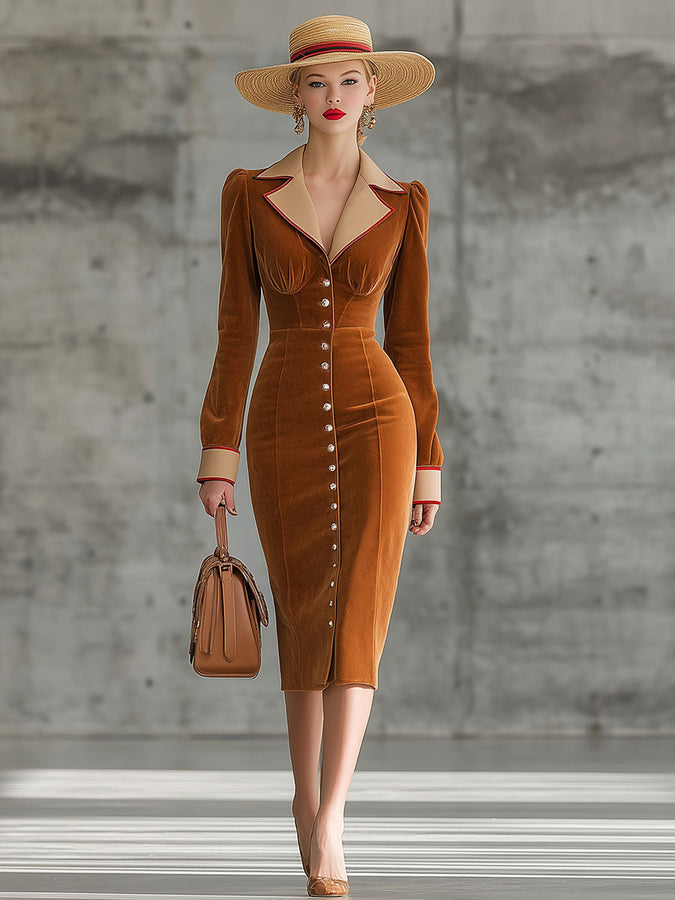 Robe Midi Vintage en Velours Caramel avec Détails en Similicuir