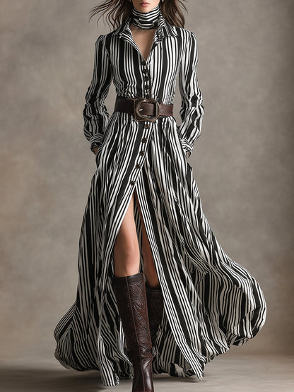 Robe Maxi Rayée Noir et Blanc avec Col Revers et Ceinture Éclair