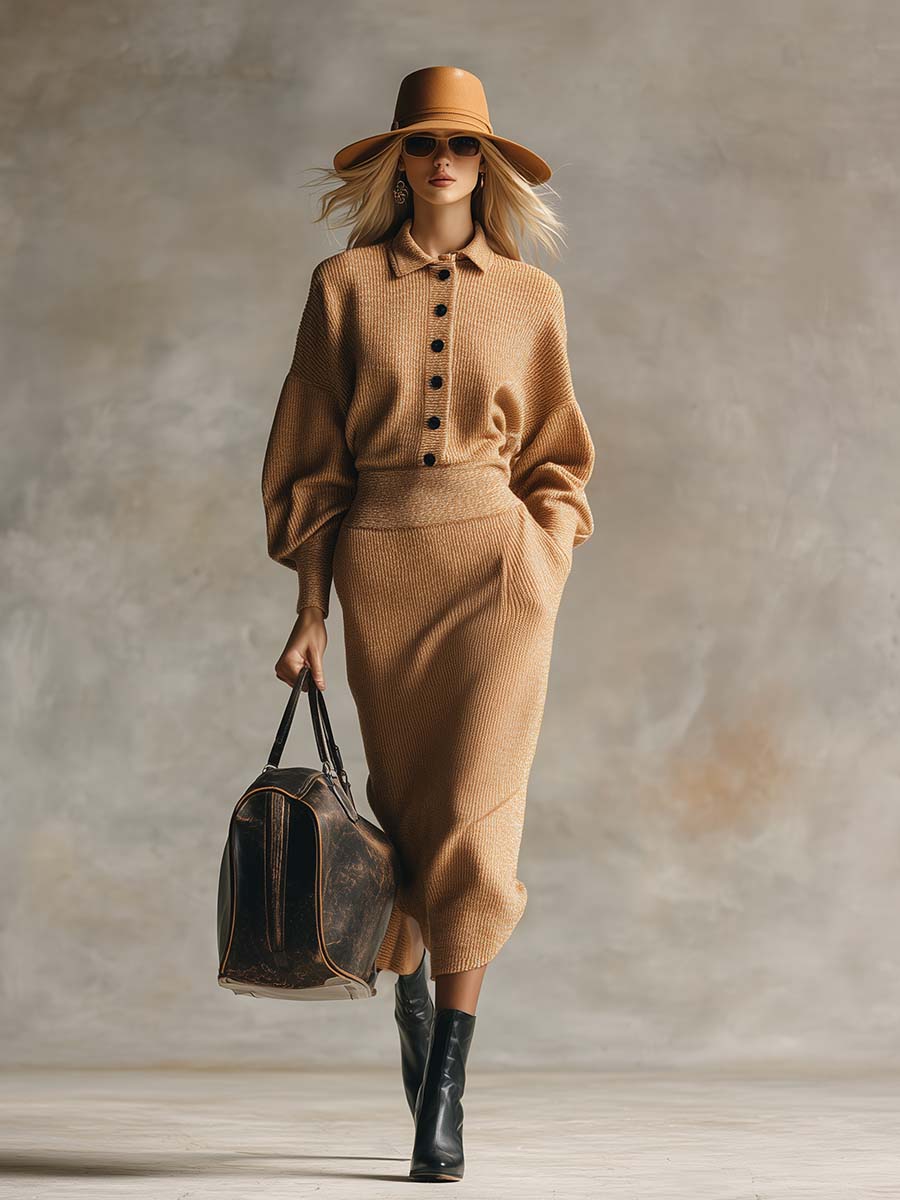 Élégante Robe Maxi Tricotée avec Col Camel et Détails Boutonnés