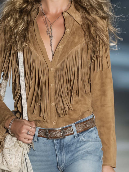 Chemise Western Vintage en Suède Marron Clair à Boutons et Franges - Élégance Décontractée à Manches Longues