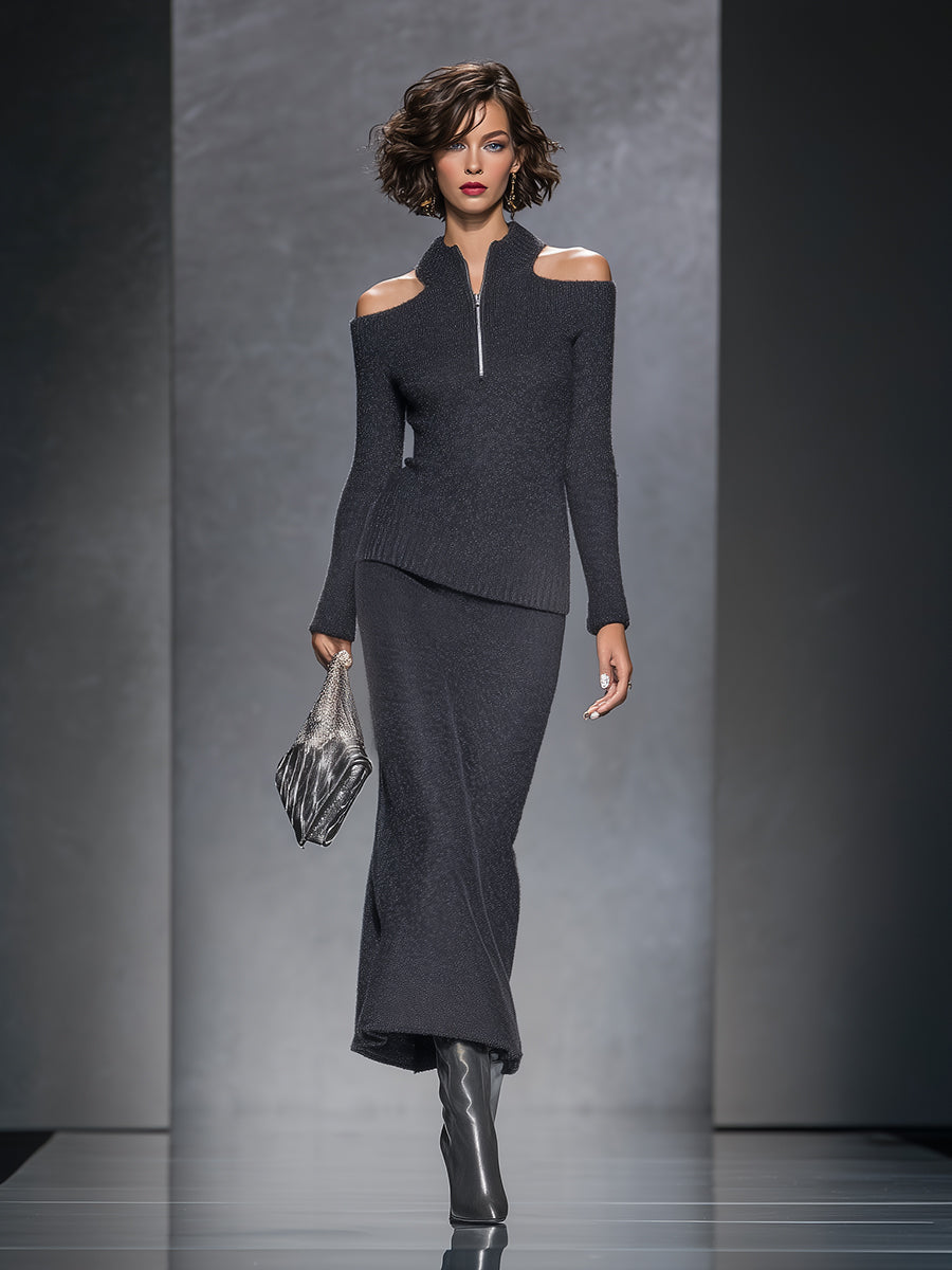 Ensemble Chic : Haut et Jupe Grise Tricotée avec Fermeture Éclair Élégante