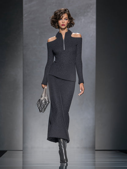 Ensemble Chic : Haut et Jupe Grise Tricotée avec Fermeture Éclair Élégante