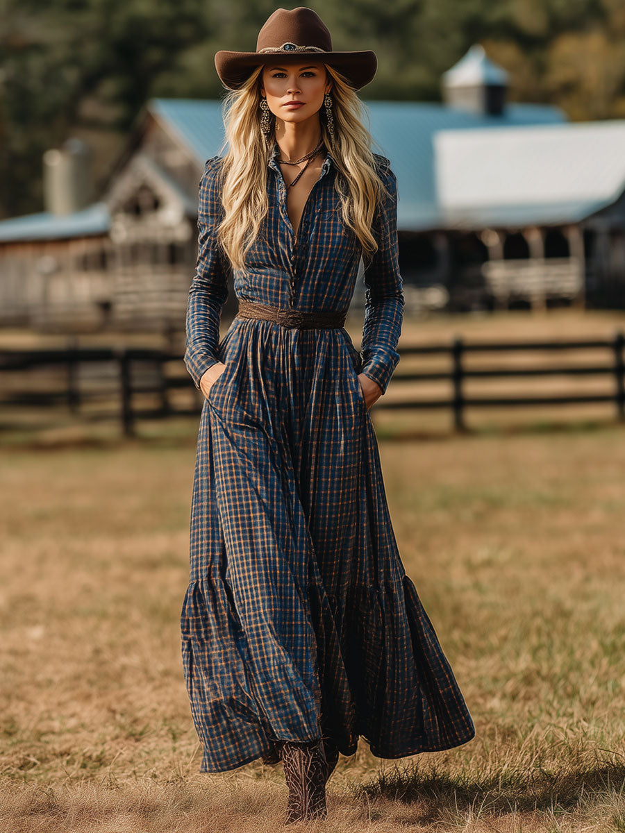 Robe Maxi Longue en Velours Rétro Western à Motifs Carreaux Bleus et Bruns avec Détails à Lacets