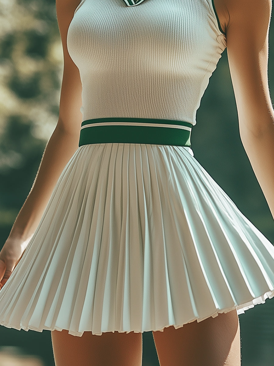 Robe Mini Sans Manches à Rayures Contrastées Blanc et Vert - Style Préppy, Expédition en 24h !