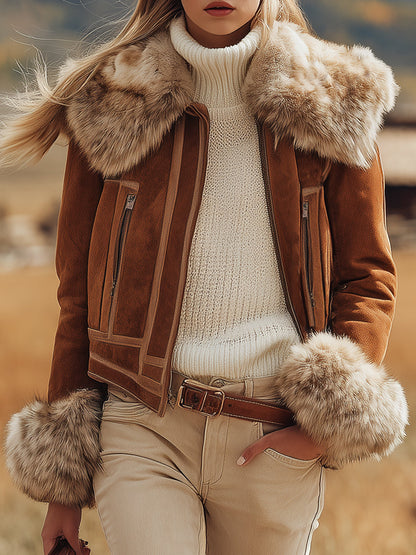 Veste en faux suède marron avec col en peluche au style vintage western