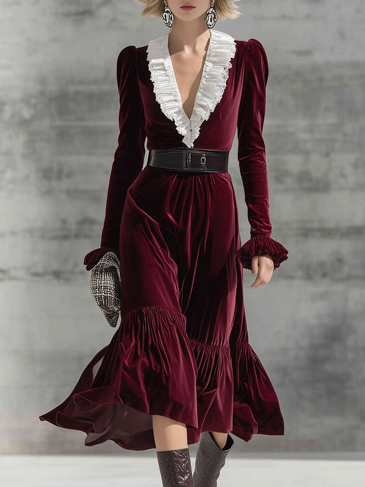 Robe Midi Rétro en Velours Bourgogne