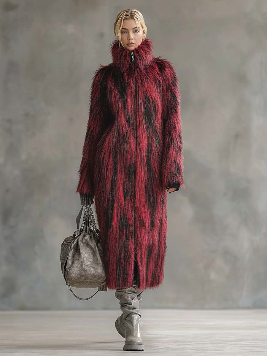 Veste Écologique en Fourrure Noir et Rouge avec Col Montant et Fermeture Éclair