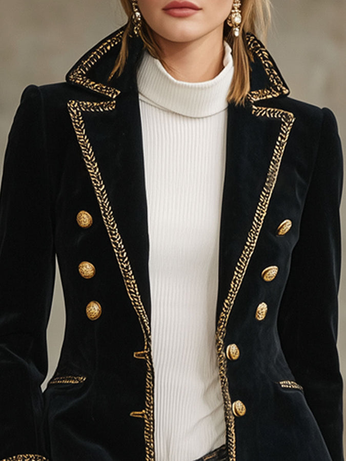 Veste en Velours Chic à Boutons avec Détails Contrastants