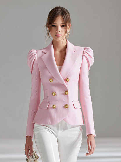 Blazer Rose en Laine à Double Boutonnage avec Manches Bouffantes