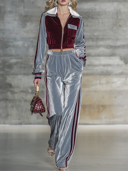 Veste Chic en Velours Bicolore avec Pantalon Ample - Élégance Haut de Gamme