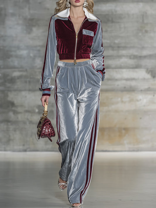 Veste en Velours Chic à Contraste Élégant avec Pantalon à Jambes Larges