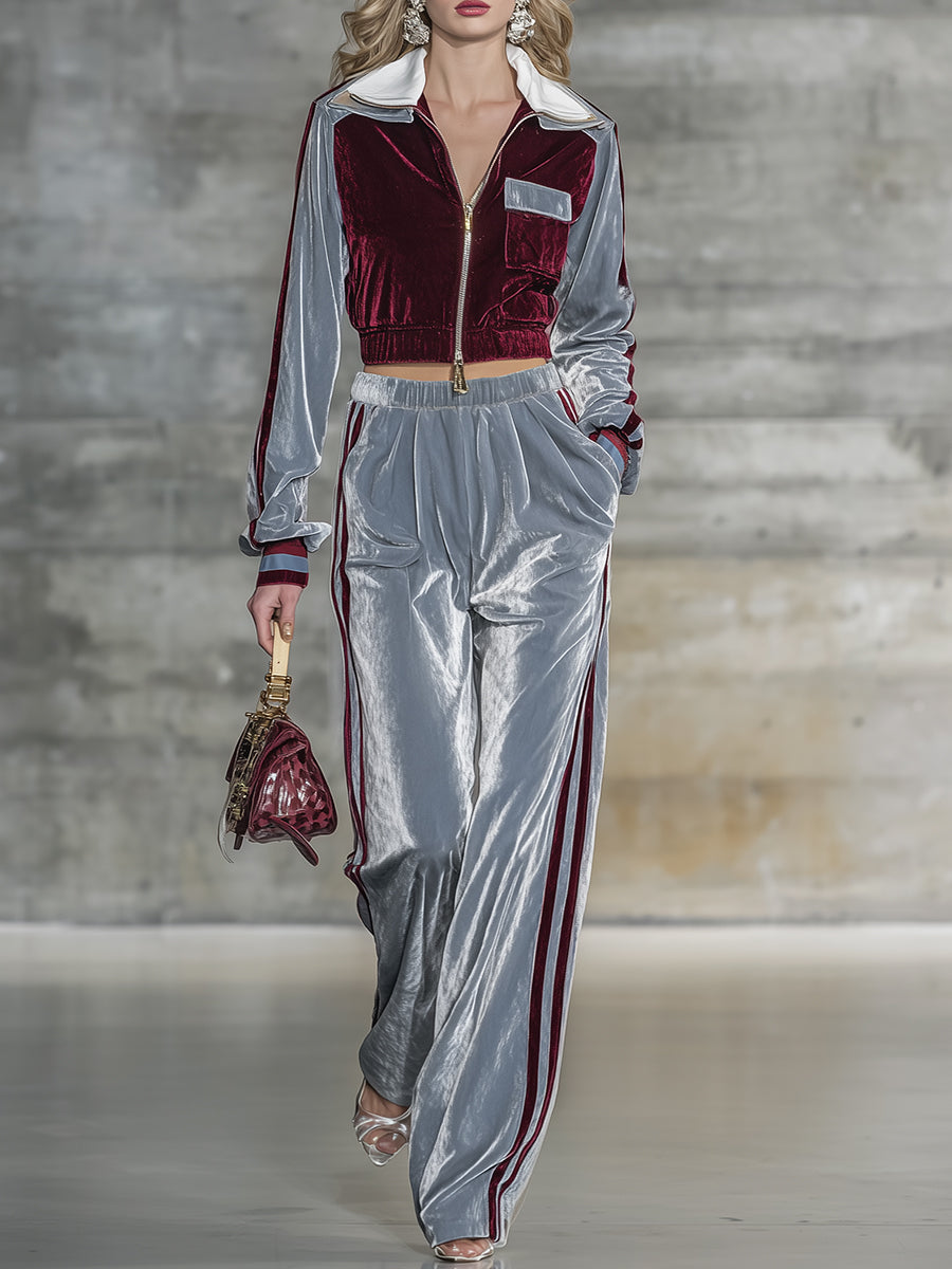 Veste en velours chic à contraste de couleurs avec pantalon à jambes larges tendance
