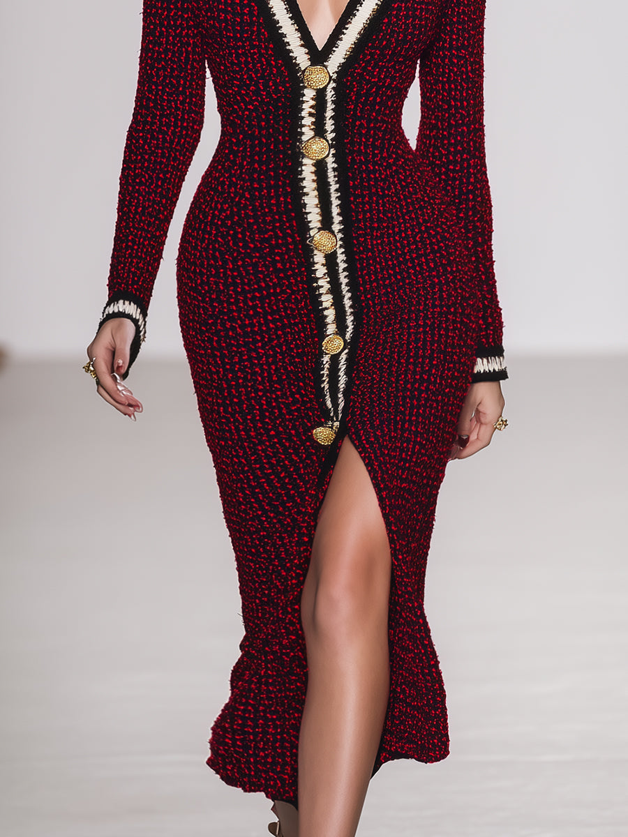 Robe Maxi Tricotée V-Cou Boutonnée Rouge et Noir - Style Rétro Élégant