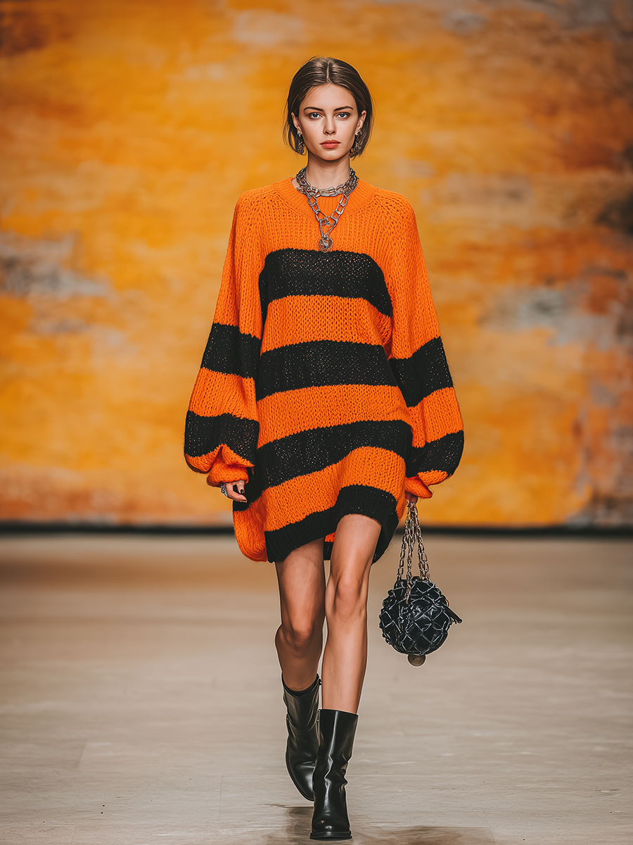 Robe Rétro Tricotée à Col Rond avec Manches Lanternes et Rayures Contrastées