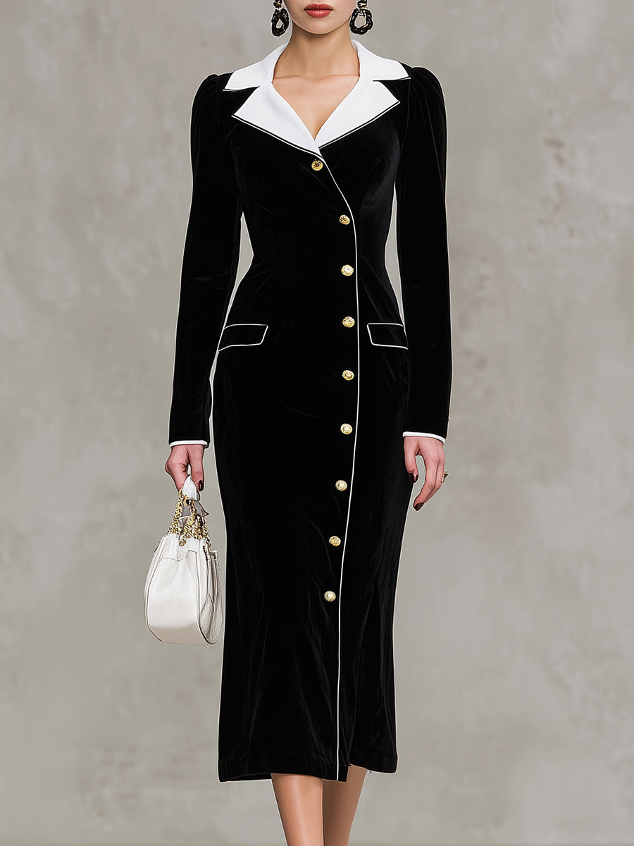 Maxi Robe en Velours Noir Élégante avec Détails en Col Blanc