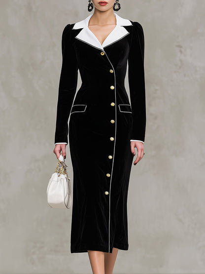 Maxi Robe en Velours Noir avec Détails en Col Blanc