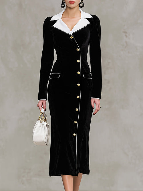 Maxi Robe en Velours Noir avec Détails en Col Blanc