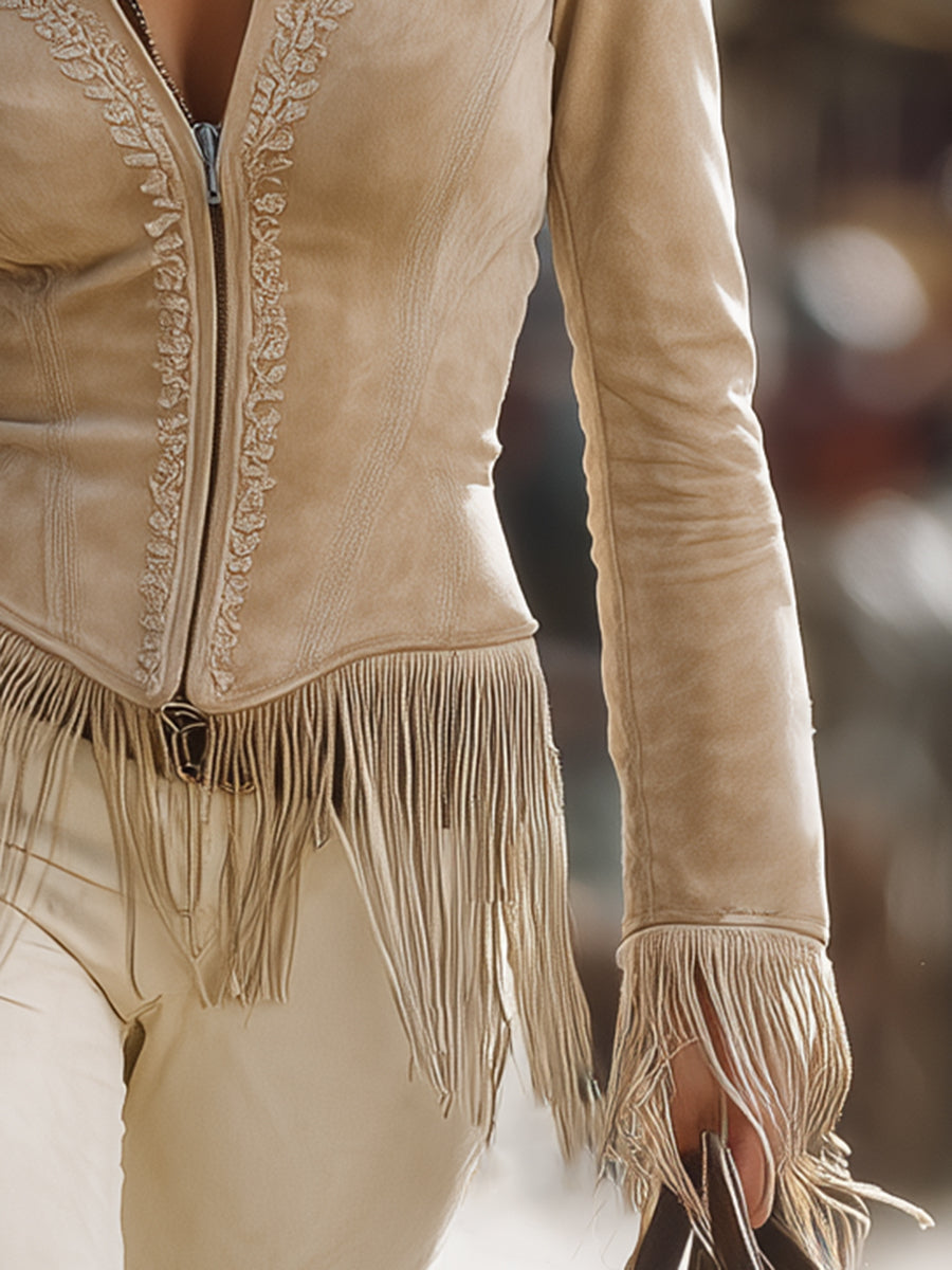 Veste Vintage Décontractée en Dentelle Kaki avec Franges