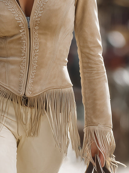 Veste Vintage Décontractée en Dentelle Kaki avec Franges