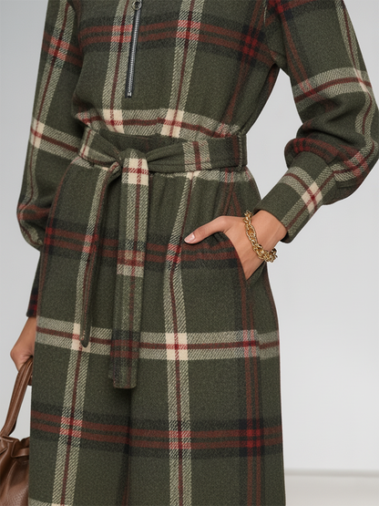 Robe Vintage à Carreaux avec Col Zippé et Manches Longues