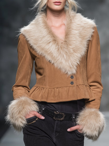 Veste Kaki en Suédine avec Col en Fourrure Rétro et Ourlet Flottant