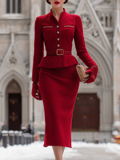 Ensemble Élégant en Tweed Rouge Vintage avec Veste Boutonnée et Jupe