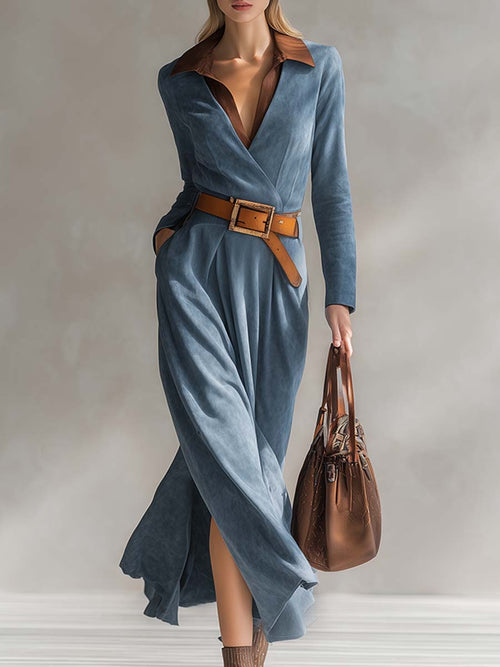 Maxi Robe en Faux Suède Bleu avec Col Western Chic